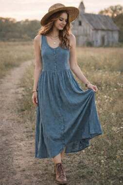 Frye Button Front Sleeveless Midi Tank Dress in Muted Blue Boho